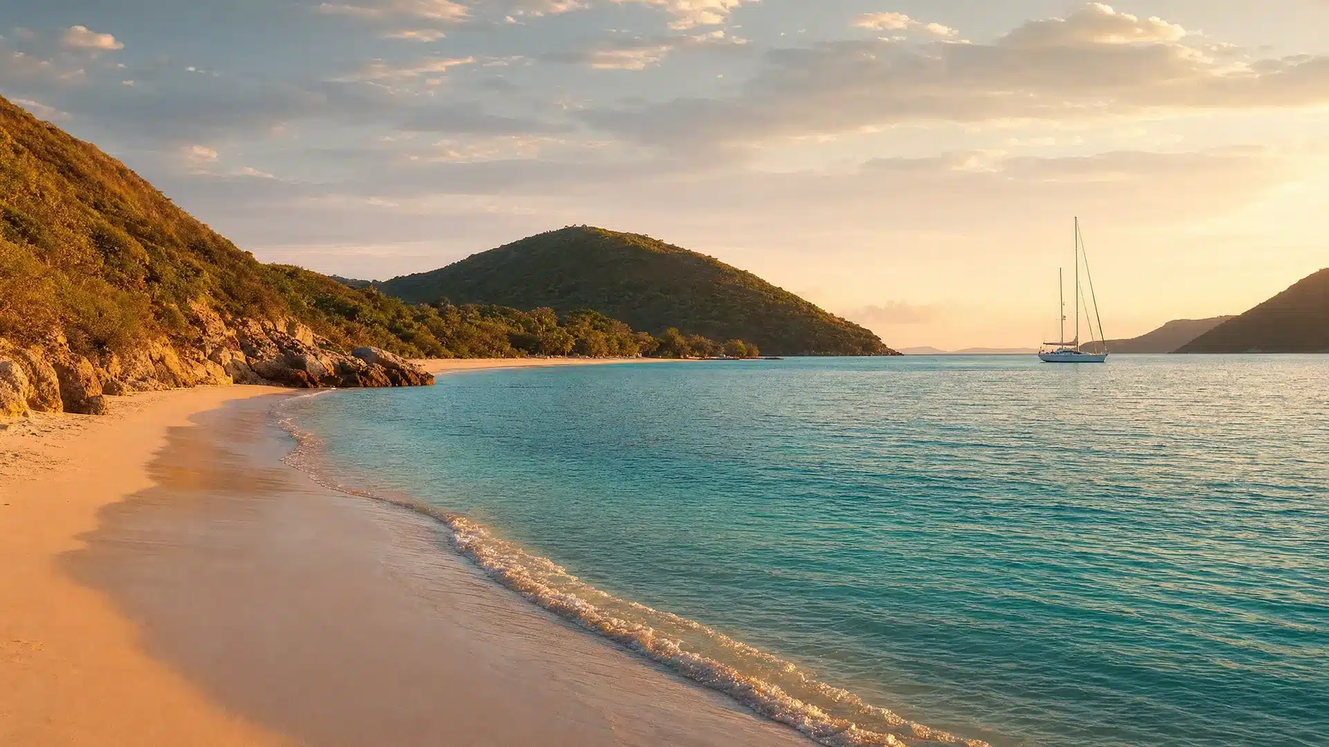 Quiet Antigua shoreline with turquoise water and a sailboat